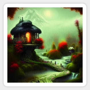 Sparkling Fantasy Cottage with Lights and Glitter Background in Forest, Scenery Nature Sticker